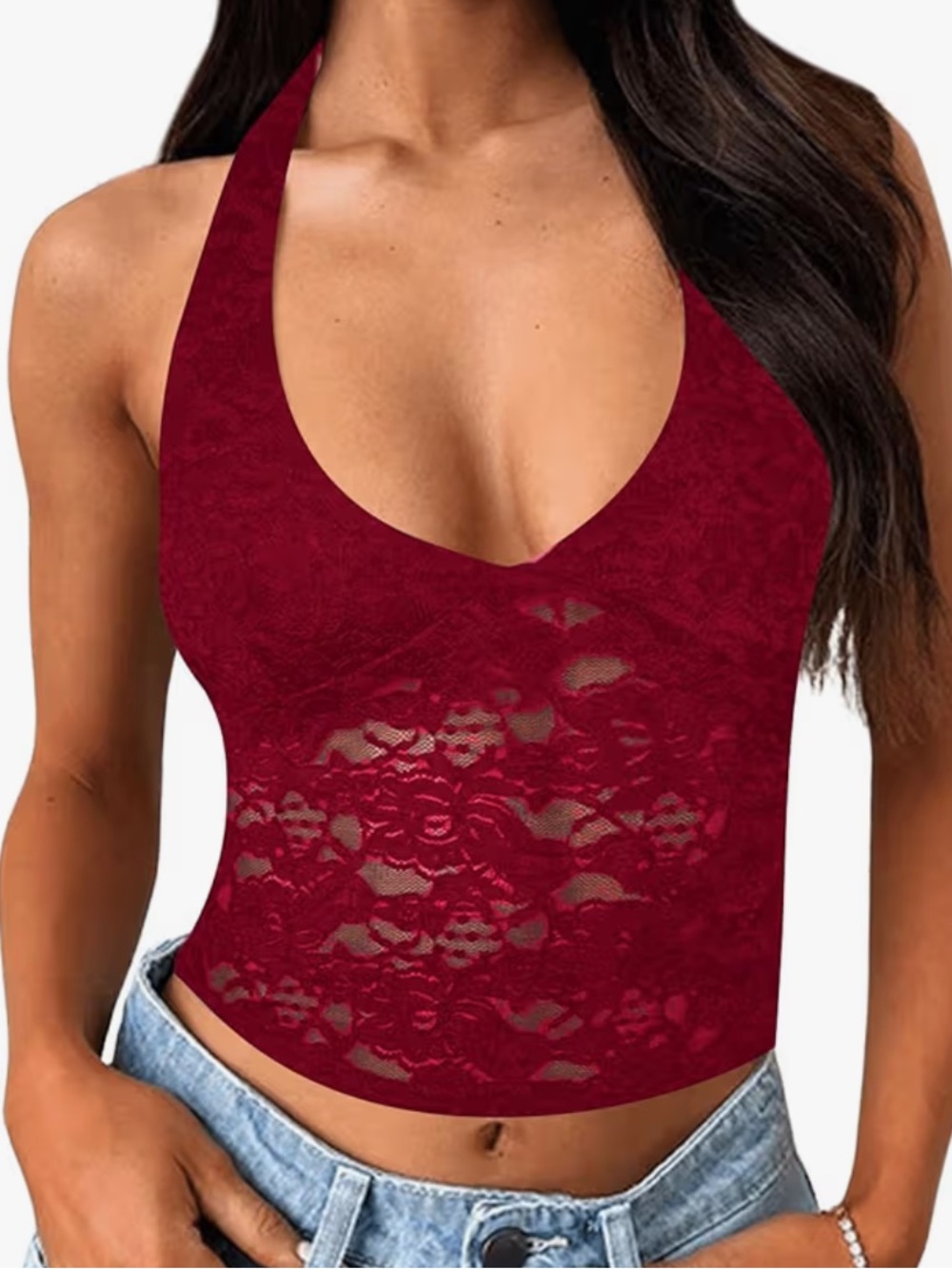 Red Lace Halter Crop Top